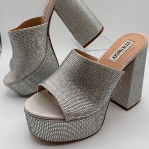 Steve Madden Rhinestone Platform Mules Silver Sparkly Block Heels Women Size